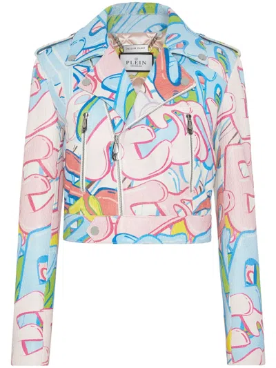 PHILIPP PLEIN GRAFFITI-LOGO CROPPED LEATHER BIKER JACKET