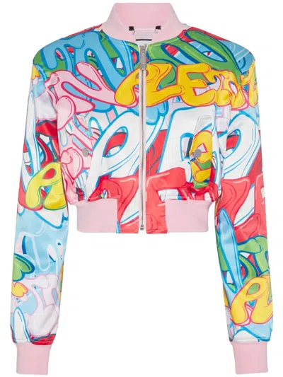 Philipp Plein Graffiti-logo Cropped Satin Bomber Jacket In Multi