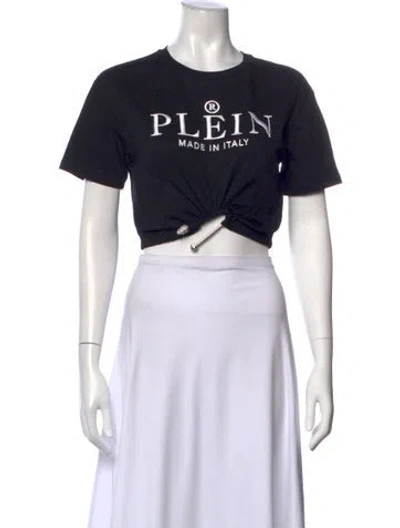 Pre-owned Philipp Plein Graphic Print Crew Neck Crop Top In Black