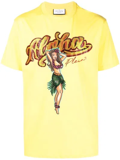 Philipp Plein Graphic-print Crystal-embellished T-shirt In Yellow