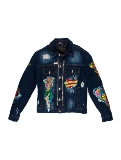 Pre-owned Philipp Plein Graphic Print Denim Jacket W/ Tags In Blue