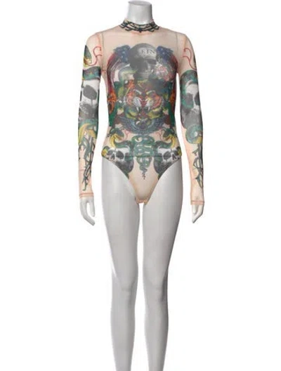 Pre-owned Philipp Plein Graphic Print Mock Neck Bodysuit In Neutrals