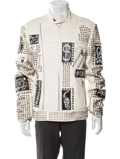 Pre-owned Philipp Plein Graphic Print Moto Jacket In Neutral