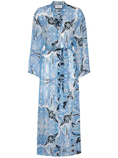 Philipp Plein Graphic-print Silk Kaftan Dress In Blue