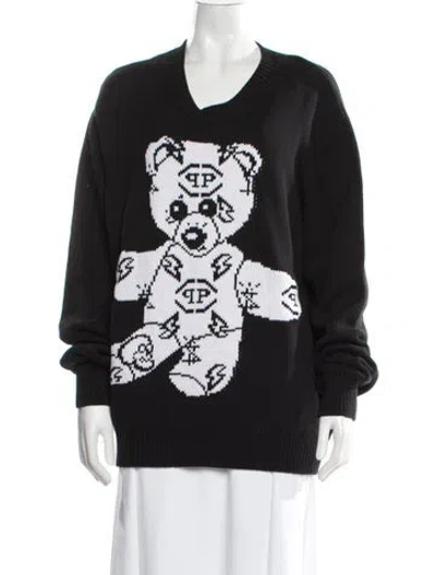 Pre-owned Philipp Plein Graphic Print V-neck Sweater W/ Tags In Black