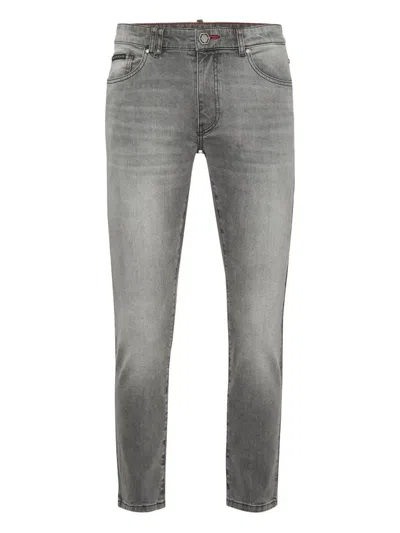 Philipp Plein Greatness Embroidered-logo Jeans In Gray