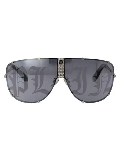 Philipp Plein Grey Metal Sunglasses In Blue