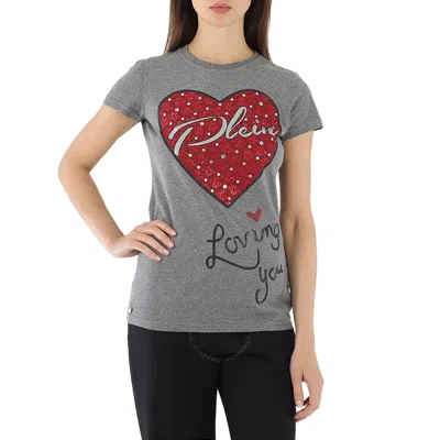 Philipp Plein Grey/multi Crystal Heart Printed Cotton Jersey T-shirt In Gray