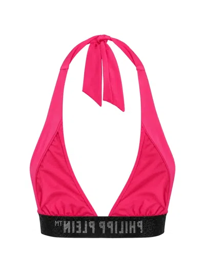 Philipp Plein Halterneck Logo-underband Bikini Top In Pink