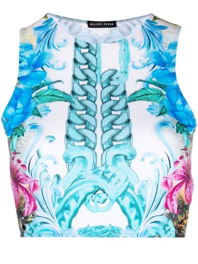 Philipp Plein Hawaii-print Cropped Top In Blue