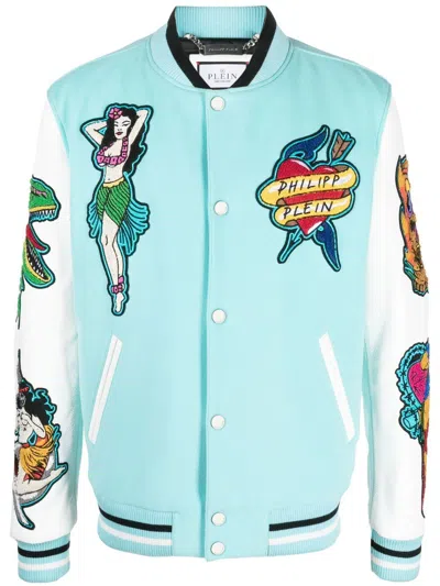 Philipp Plein Hawaii Varsity Bomber Jacket In Blue