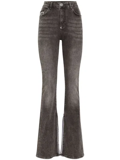 Philipp Plein Heart-appliqué Flared Jeans In Grey