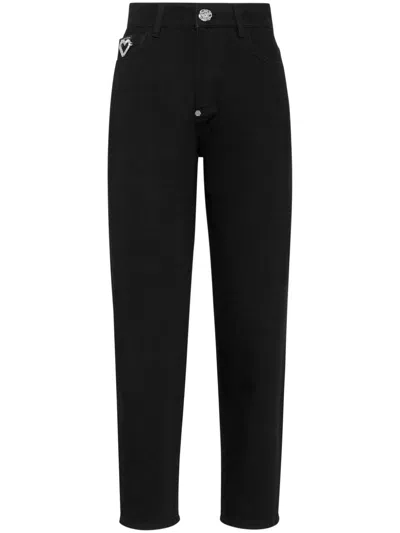 Philipp Plein Heart Crystal-embellished Tapered Jeans In Black