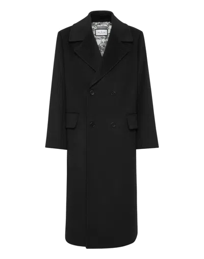 Philipp Plein Herringbone Wool Double Breasted Long Coat In Black