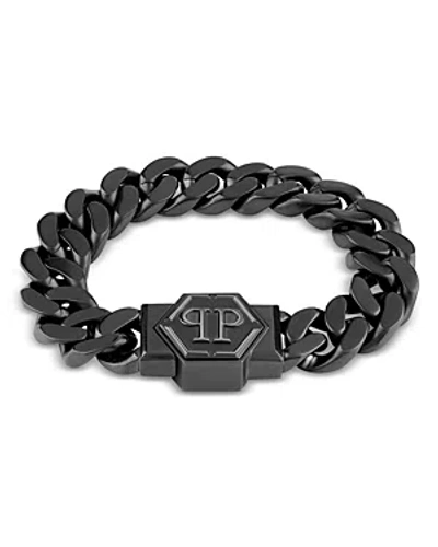 Philipp Plein Gunmetal Ip Stainless Steel Logo Cuban Link Bracelet