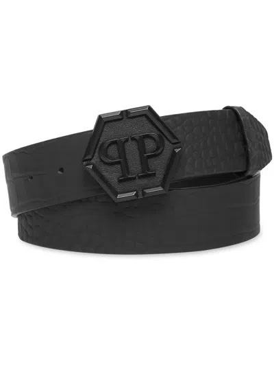 Philipp Plein Hexagon-buckle Crocodile-effect Belt In 黑色