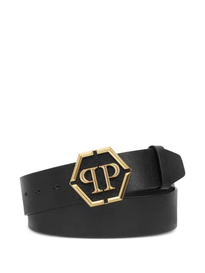 Philipp Plein Hexagon-buckle Leather Belt In Black