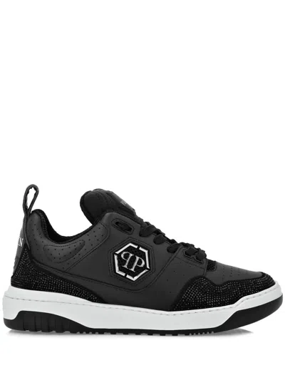 Philipp Plein Mix Leather Lo-top Sneakers Crystal In Black