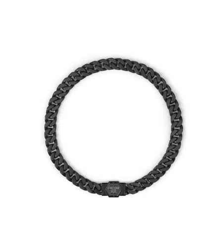 Philipp Plein Gunmetal Ip Stainless Steel Logo Cuban Link Necklace In Black