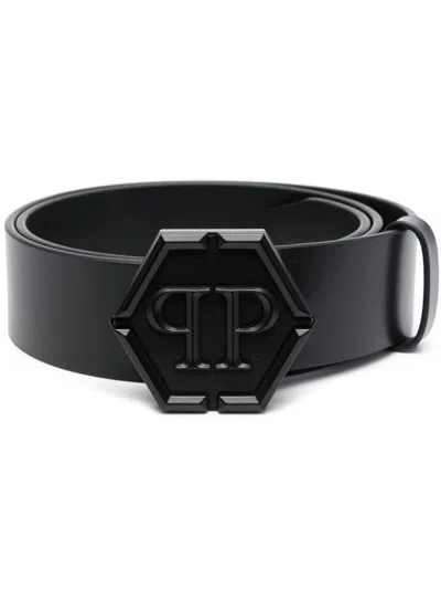 Philipp Plein Hexagon Leather Belt In Black