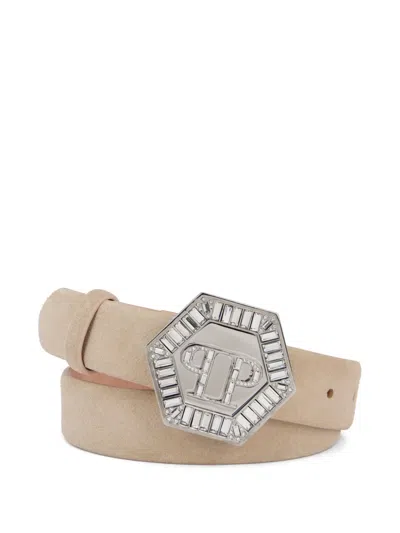 Philipp Plein Hexagon Leather Belt In Neutral
