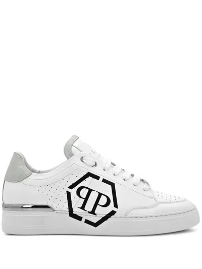 Philipp Plein Perforated Leather Sneakers Logo Detail In White