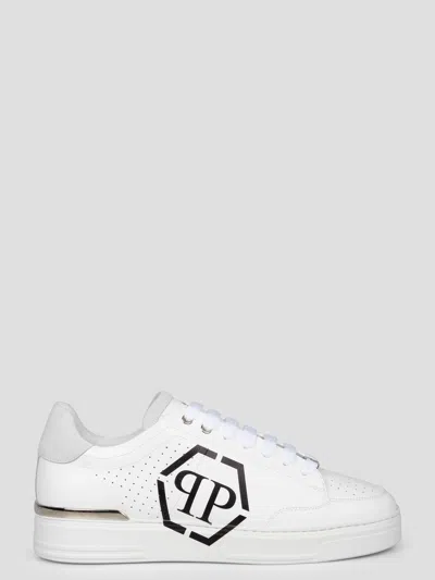 Philipp Plein Perforated Leather Sneakers Logo Detail In White