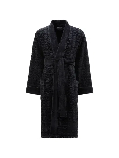 Philipp Plein Hexagon-logo Bath Robe In Black