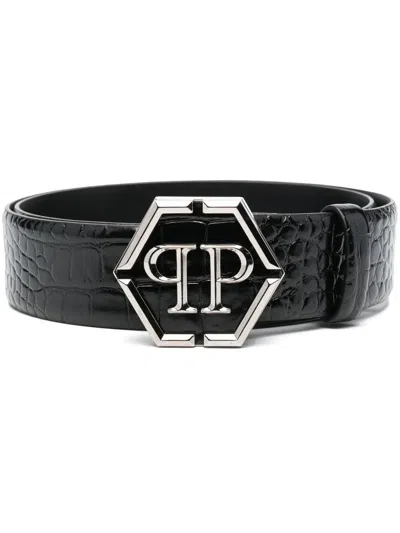 Philipp Plein Hexagon Logo-buckle Leather Belt In Black