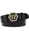 Philipp Plein Black Leather Pp Hexagon Buckle Belt In Black