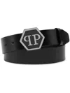 Philipp Plein Black Leather Pp Hexagon Buckle Belt In Black