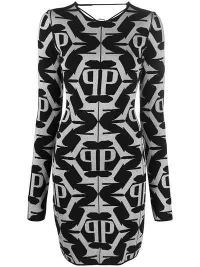 Philipp Plein Hexagon Monogram-jacquard Lurex Minidress In Black