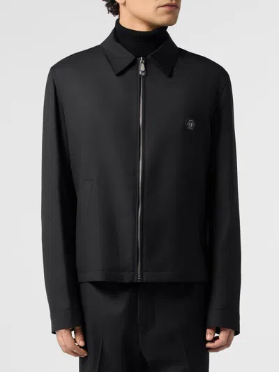 Philipp Plein Hexagon Monogram Wool Blend Shirt Jacket In Black
