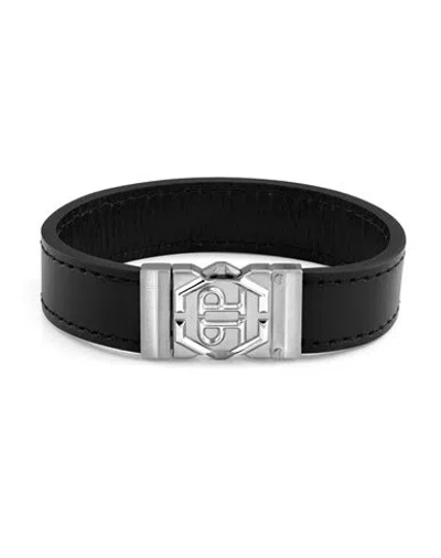 Philipp Plein Hexagon Tactical Buckle Leather Bracelet Man Bracelet Silver Size S Calfskin In Black