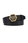 Philipp Plein Black Leather Pp Hexagon Buckle Belt In Black