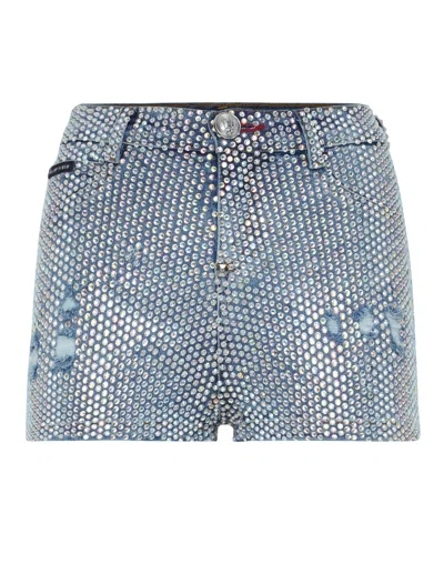 Philipp Plein High Waist Hot Pants Crystal In Blue