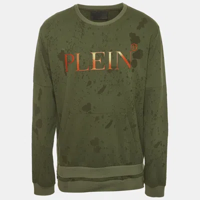 Pre-owned Philipp Plein Homme Green Side Zip Jersey Distressed Sweatshirt Xxl