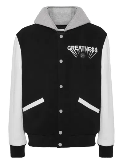 Philipp Plein Hooded Leather-sleeve Bomber Jacket In Black