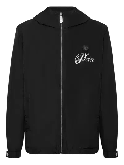 Philipp Plein Hooded Logo-print Windbreaker In Black