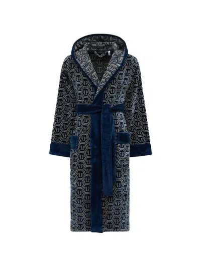 Philipp Plein Hooded Patterned Bath Robe In Black