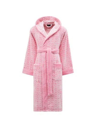 Philipp Plein Hooded Patterned Bath Robe In Pink