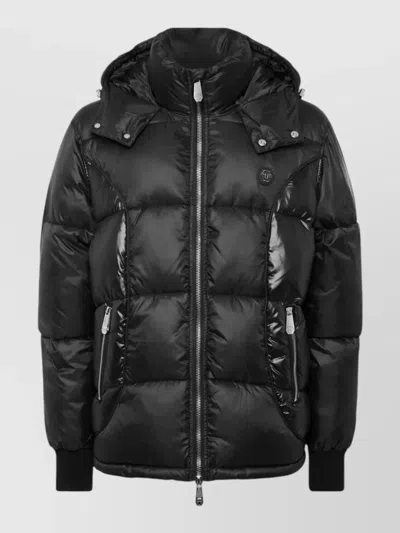 Philipp Plein Hooded Quilted Coat Adjustable Hem In Black