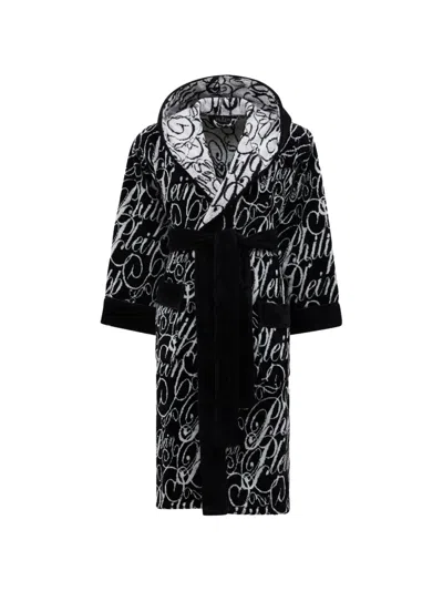 Philipp Plein Hooded Signature Bath Robe In Black