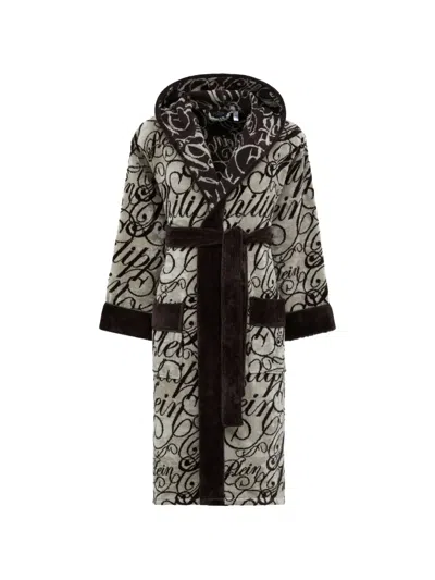 Philipp Plein Hooded Signature Bath Robe In Brown