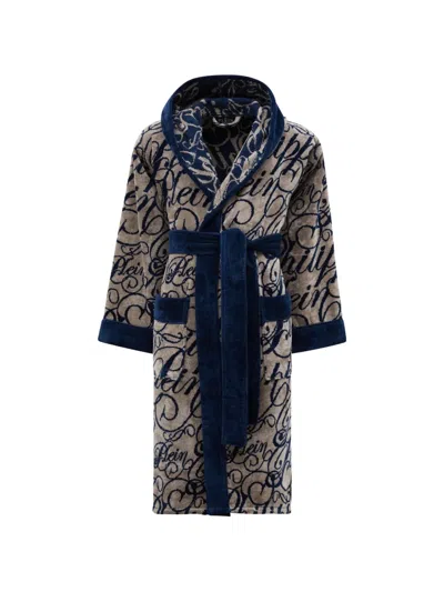 Philipp Plein Hooded Signature Bathrobe In Blue