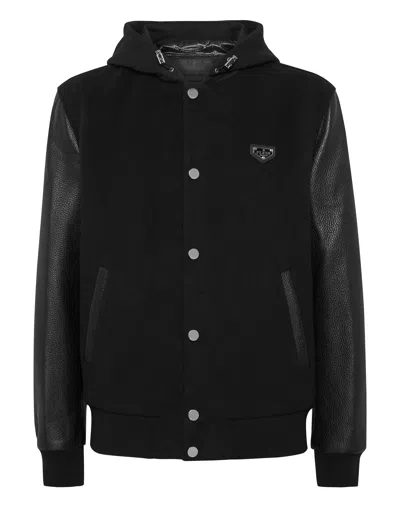 Philipp Plein Hooded Varsity Bomber Jacket In Black