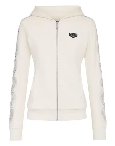 Philipp Plein Hoodie Sweatshirt Full Zip Crystal Cable In White