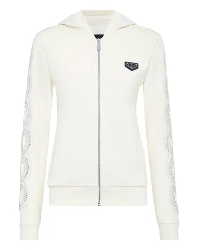 Philipp Plein Hoodie Sweatshirt Full Zip Crystal Cable In White