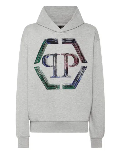 Philipp Plein Hoodie Sweatshirt Ls Strass Hexagon In Gray