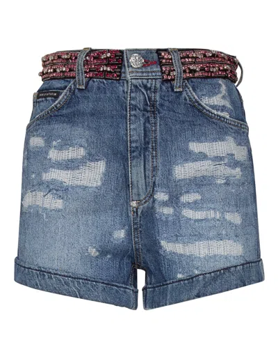 Philipp Plein Hot Pants Crystal In Blue